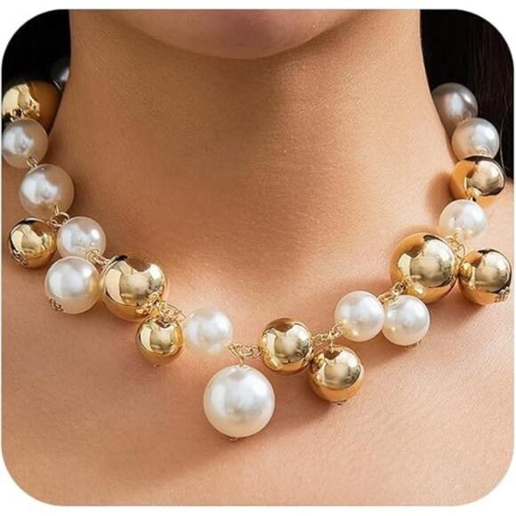Chunky Gold Pearl Choker Necklace | Statement Jewelry - Picture 4 of 6